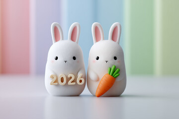 AI-generated white ceramic rabbit figurines with 2026 numbers and carrot
