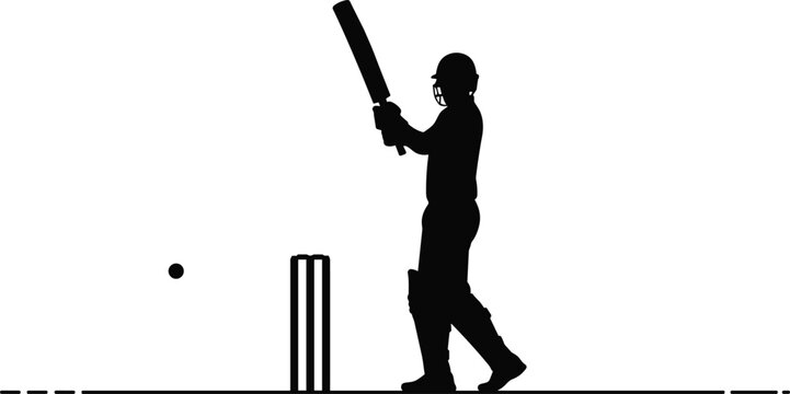 Silhouette illustration of cricket batsman preparing to hit ball on pitch, sports action scene, athlete holding bat, competitive outdoor match artwork design - Powered by Adobe
