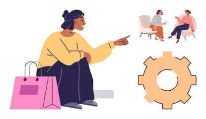 Woman pointing while sitting beside a shopping bag, two people discussing in chairs, and a gear icon symbolizing teamwork and innovation. Ideal for teamwork, shopping, collaboration, discussion