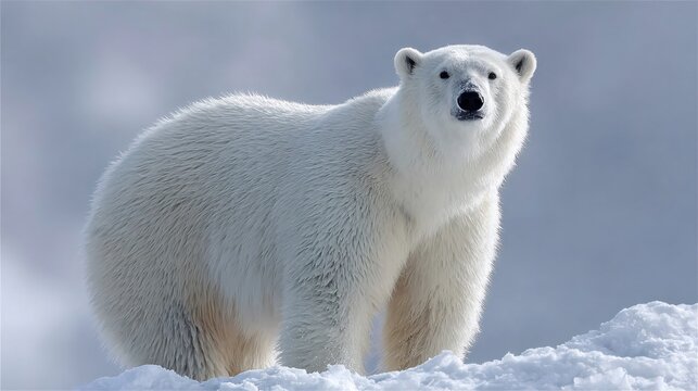 Polar bear standing in snowy Arctic habitat, looking directly at viewers, a symbol of wildlife and cold wilderness