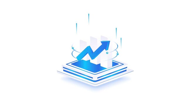 Stock market growth chart isometric animation loop with rising arrow, data visualization elements