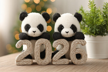 AI-generated two panda toys holding rope-textured 2026 numbers decoration
