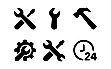Essential tools icons set: wrench, gear, hammer in minimalist style