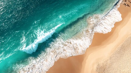 Fototapeta premium Top down drone view capturing the dynamic interaction of clear turquoise ocean water, white foam waves, and golden sand beach