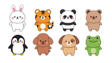 Collection of eight cute cartoon animals including a rabbit, tiger, panda, bear, penguin, two dogs, and a frog on a white background.