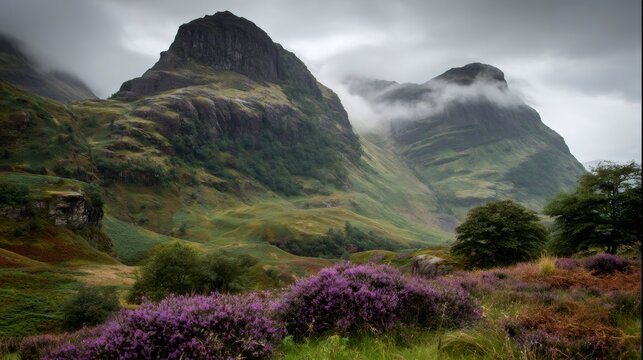 Scotland Glencoe valley landscape with mountains covered in mist and vibrant purple heather in autumn