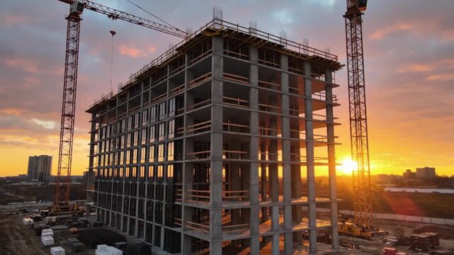 Modern concrete building under construction with cranes against a vibrant sunset sky and warm golden light