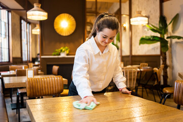 A young woman between 20 and 30 years old with Down syndrome works as a waitress in a modern cafe...