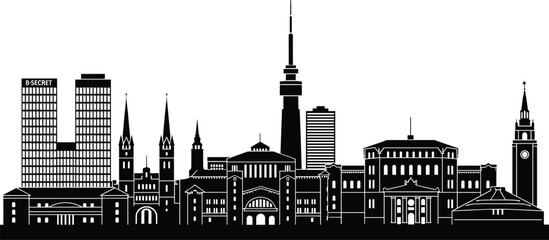 Modern city skyline silhouette illustration featuring iconic architecture, urban buildings, cultural landmarks, tourism destination art, detailed vector design for travel branding