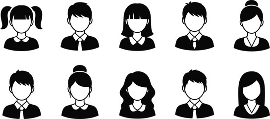 Set of Student and School Avatar Silhouettes, Diverse Faces of Teenagers and Young People in Uniform, User Profile Icons Vector