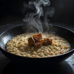frying pan with meat and potatoes