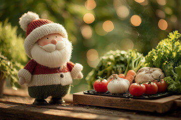 Santa Claus figurine standing beside fresh vegetables and herbs outdoors