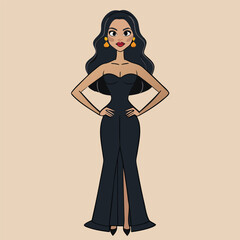 Elegant woman in a black dress posing with hands on hips against a beige background Adobe Illustrator Artwork
