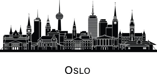 Oslo city skyline silhouette illustration featuring famous landmarks, modern buildings, historic architecture, tourism destination, travel design, urban cityscape art, black vector graphic © It's Raju