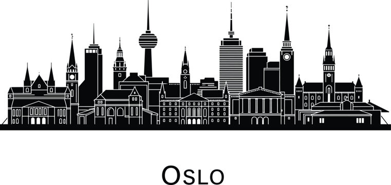 Oslo city skyline silhouette illustration featuring famous landmarks, modern buildings, historic architecture, tourism destination, travel design, urban cityscape art, black vector graphic