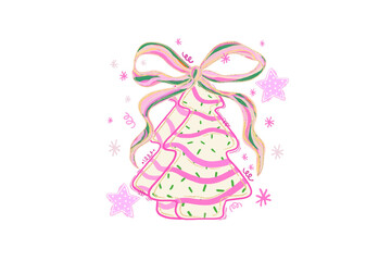 Pink Christmas Tree Cake Illustration with Festive Bow Sublimation Design