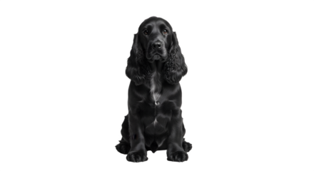 Black Cocker Spaniel dog sitting and looking at the camera with focus.