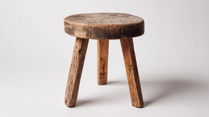A rustic wooden stool featuring a round, weathered seat and three sturdy legs. Ideal for farmhouse decor, rustic styling, or as a versatile prop in photography, crafts, and interiors.