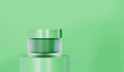 3d glass jar with cream, cosmetic transparent container mock up isolated render icon. beauty skincare product, serum or lotion.