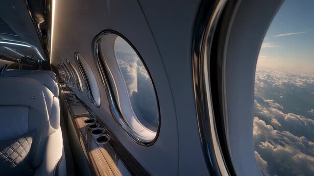 Luxury private jet interior with a view of the clouds and the setting sun