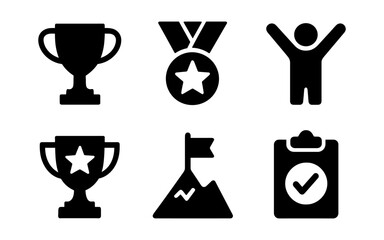 Achievement icons: trophies, medals, and success symbols in bold silhouette style