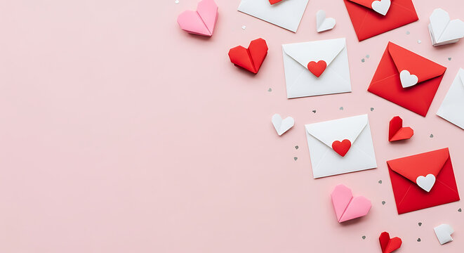 Valentine s day envelopes and hearts on pink background - Powered by Adobe