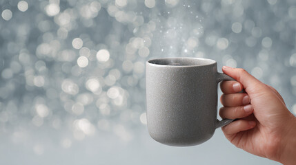 A person holding a grey mug of hot beverage with steam rising gracefully