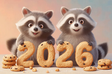 AI-generated two cartoon raccoons holding large 2026 cookie numbers