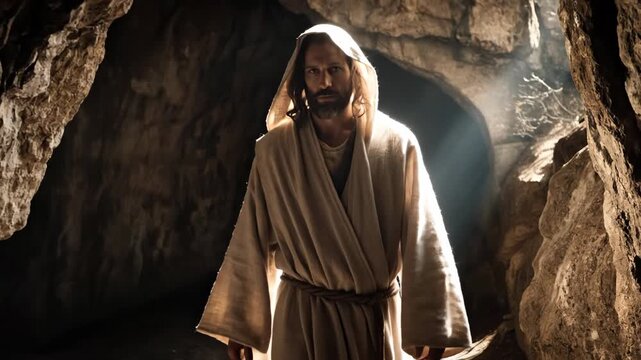 Jesus Christ emerging from the tomb into light on Easter morning. Resurrection scene of savior after crucifixion, religious concept.