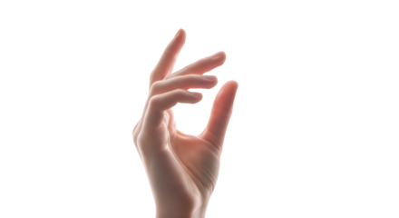 A detailed close-up shot of a delicate human hand with fingers gently cupped, isolated on a pure white background, showcasing a subtle gesture and soft lighting