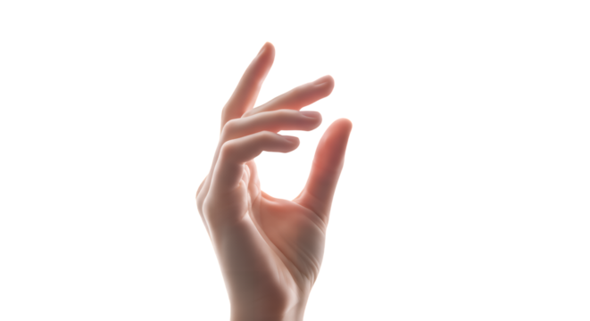 A detailed close-up shot of a delicate human hand with fingers gently cupped, isolated on a pure white background, showcasing a subtle gesture and soft lighting