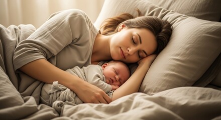 Young Woman Sleeping with Baby on Bed in Warm Natural Light