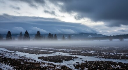 Misty Winter Field with Foggy Trees