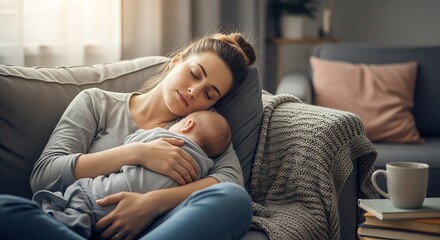Obraz premium Young Woman Wearing Gray Shirt Sitting on Couch Breastfeeding Baby in Cozy Living Room