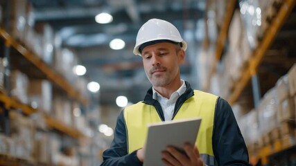 Wide-angle view of a worker checking a tablet while walking down a warehouse aisle, shelves full of neatly organized boxes, overhead lights creating cinematic depth - Powered by Adobe