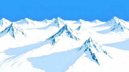 Majestic snow-capped peaks stretch across the horizon, gleaming under the bright sunlight. The serene landscape invites exploration in a tranquil winter setting