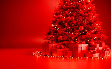 Festive red christmas tree with gifts and lights on red background