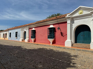 Colorful colonial facades and cobblestone streets in a historic Latin American town - Falc&oacute;n, Venezuela