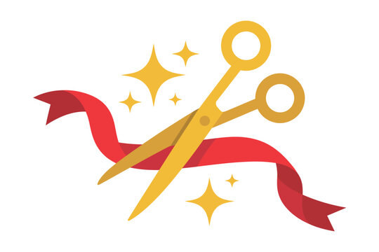 Golden scissors cutting a red ribbon during a grand opening ceremony.