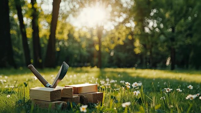 Bright morning sunlight shines on woodwork tools resting on grass in a peaceful outdoor setting surrounded by nature