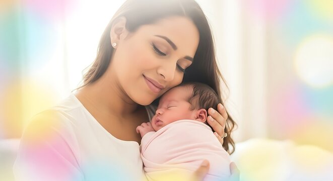 Mother Loving Woman Holding Sleeping Baby in Soft Light with Warm Atmosphere