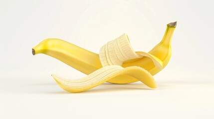 Fresh Yellow Banana with Ripe Peel and Fruit Inside on White Background