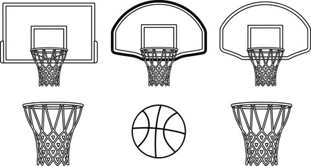 Black and White Outline Set of Basketball Hoops, Backboards, Nets, and Ball Flat Vector Illustration, Ideal for Sports Graphics, Icon Design, and Athletic Equipment CAD Drawing