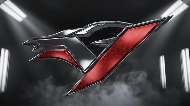 Abstract chrome and red angular shape illuminated with bright lights amidst smoky background for dramatic presentation