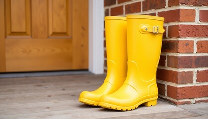 Yellow rubber rain boots positioned by brick wall at entrance door