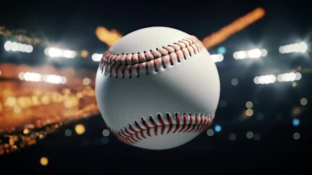 A baseball with red stitching sits in front of blurred stadium lights