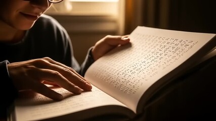 Person Reading Braille Book with Illuminated by Warm Light, and Emphasizing Accessibility. - Powered by Adobe