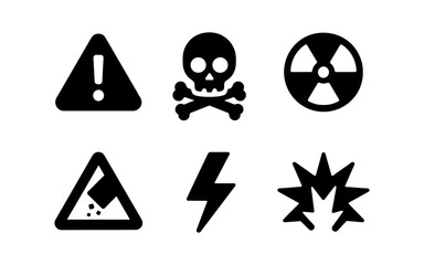 Set of bold hazard symbols: exclamation, skull, radiation, avalanche, lightning, explosion