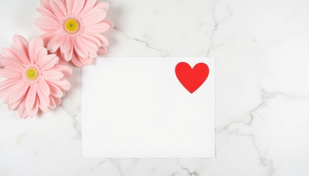 Blank card with red heart and pink daisies on marble background  