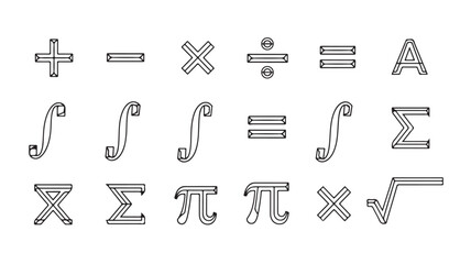 Set of mathematical symbol icons vector line art glyphs for education and science isolated on white background